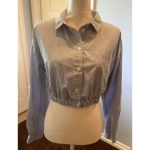 Love Tree 100% Cotton Blue White Striped Top Blouse Elastic Cropped Waist Size L - Picture 1 of 10